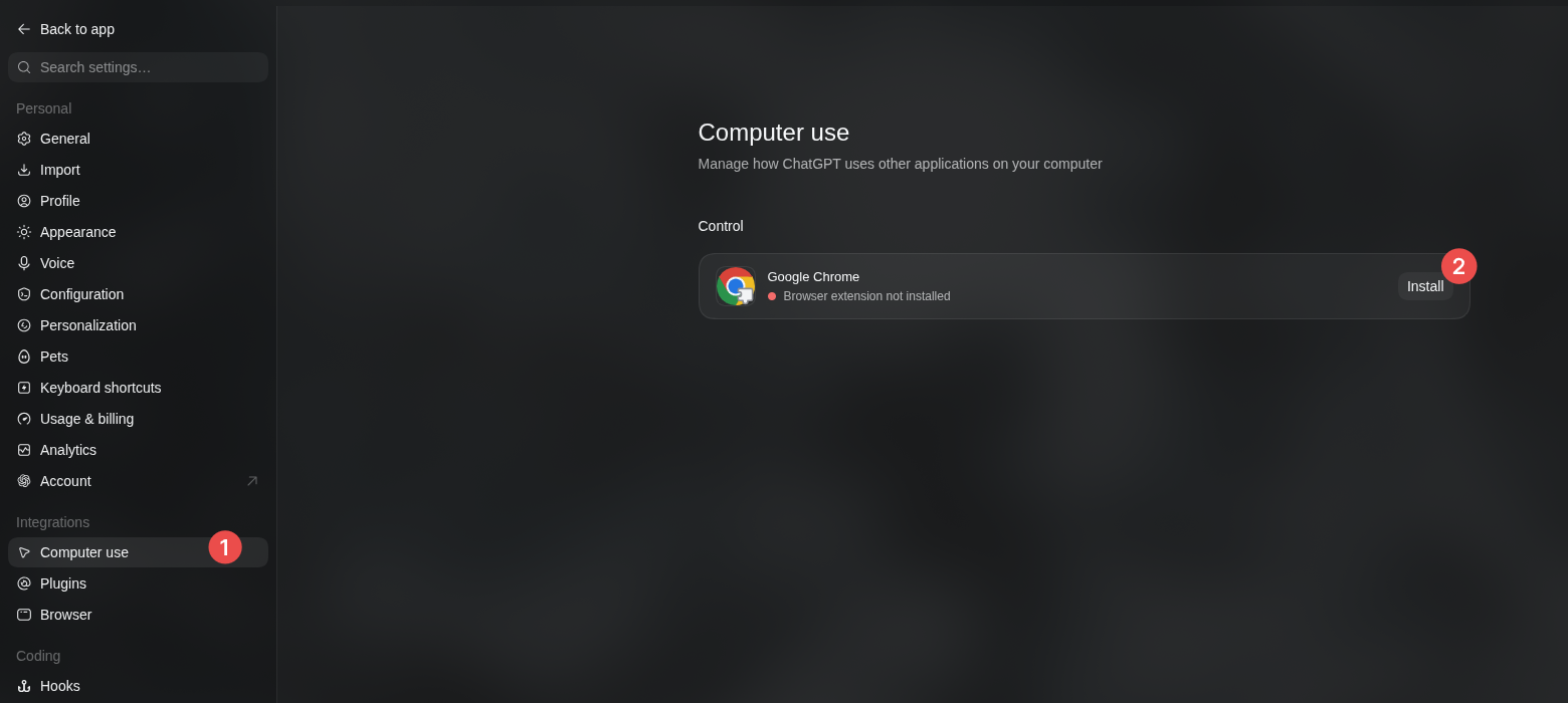 ChatGPT desktop Settings on Computer use with the Google Chrome browser extension Install button highlighted
