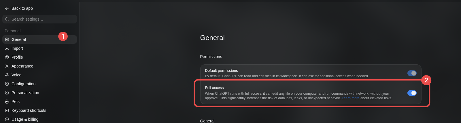 ChatGPT desktop Settings on General with the Full access switch turned on