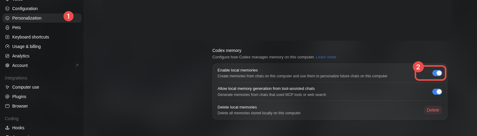 ChatGPT desktop Settings on Personalization with the Enable local memories switch turned on