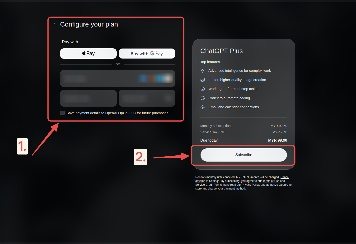 ChatGPT Plus payment page with private card details blurred