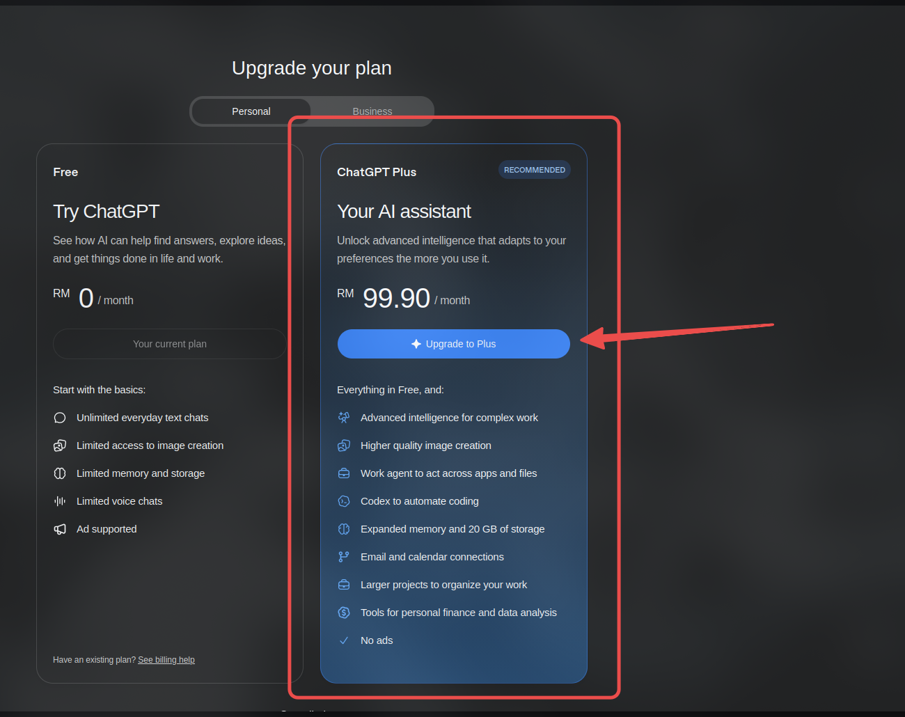 ChatGPT plan screen with the RM99.90 per month Plus plan highlighted