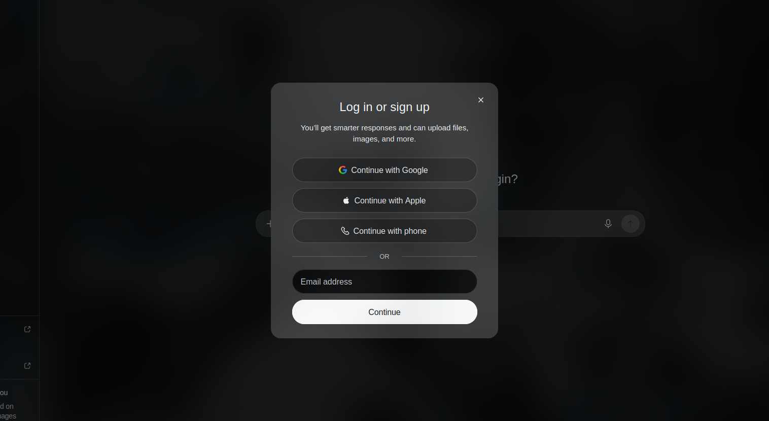 ChatGPT sign-up dialog showing the available sign-in methods