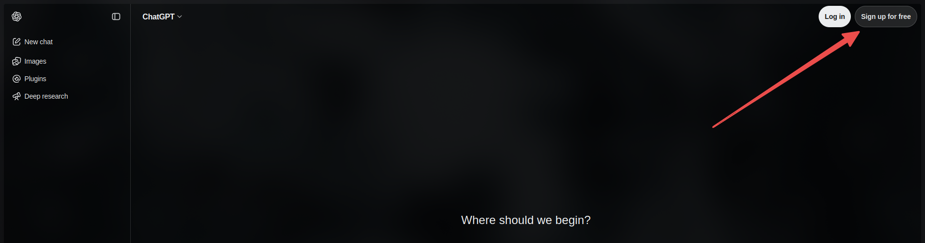 ChatGPT home page with the Sign up for free button highlighted