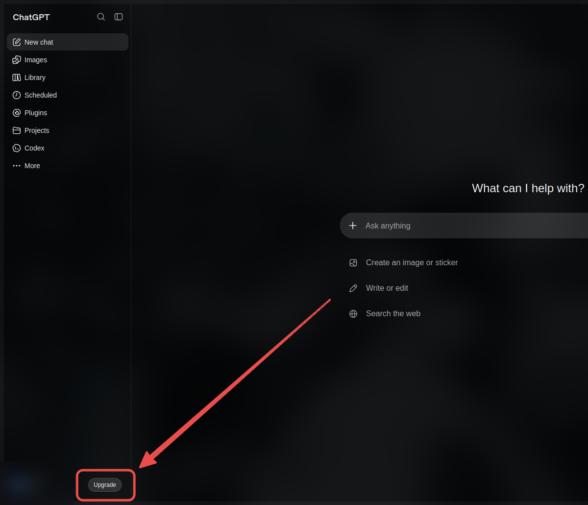 ChatGPT home page with the Upgrade button highlighted and account details blurred
