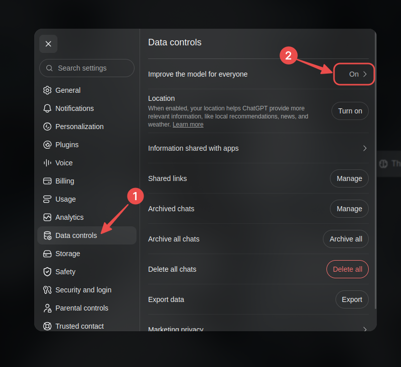 ChatGPT website Settings on Data controls with Improve the model for everyone shown as On
