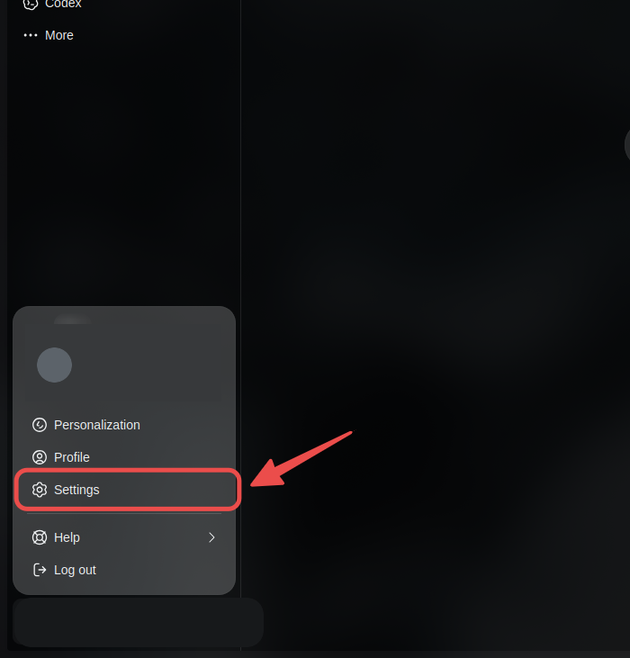 ChatGPT website account menu with Settings highlighted